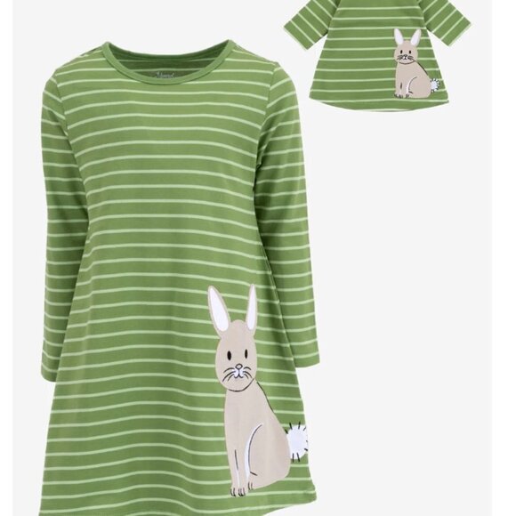 Leveret girls size 10 green stripe bunny cotton long sleeve dress LIKE NEW - Picture 1 of 8